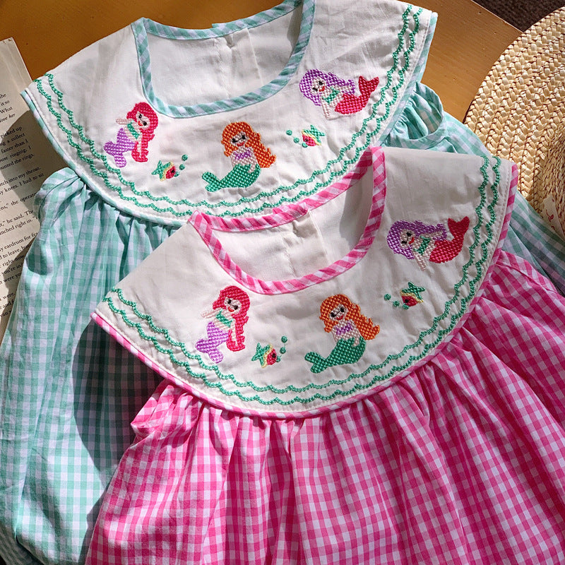 New Design Summer Baby Kids Girls Plaid Sleeveless Mermaid Embroidery Collar Dress