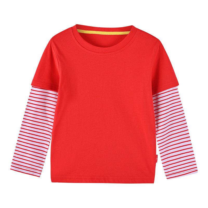 Boys And Girls Striped Sleeve Patchwork O-Neck Fake 2-Pieces Hoodie In Autumn