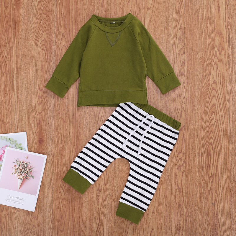 Baby Boy 1pcs Solid Color Hoodie Combo Striped Pattern Trousers Sets