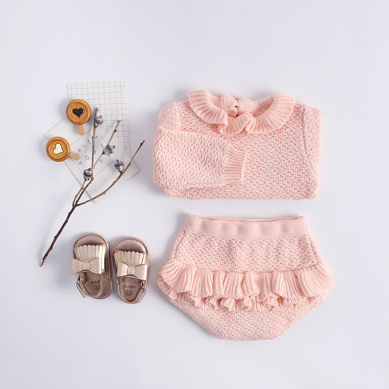 Baby Girl 1pcs Ruffle Neck Solid Shirts And Belted Triangle Shorts Fall Winter Knit Sets