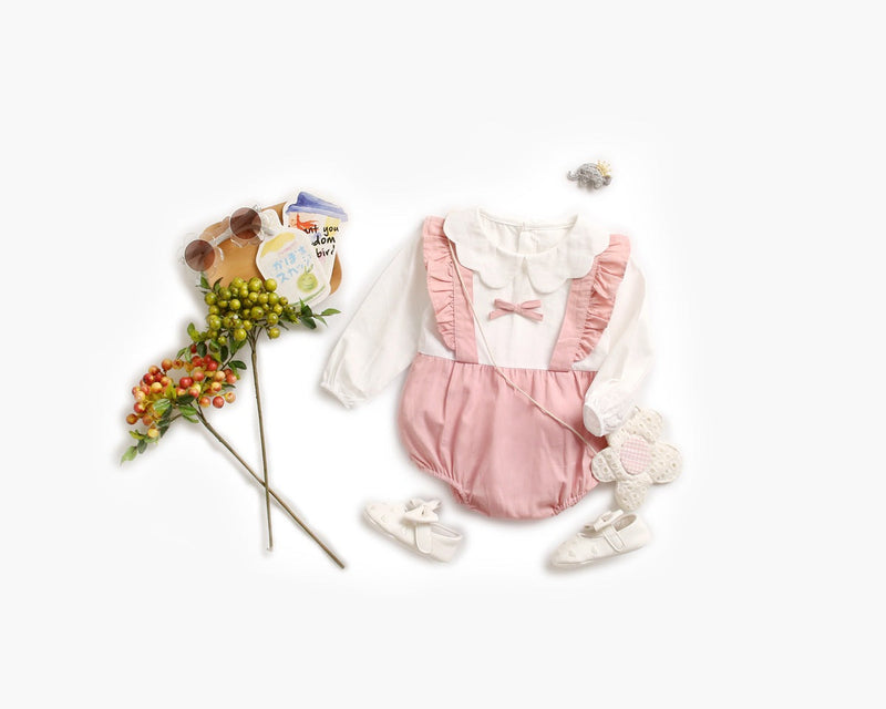 Baby Girl False 1 Pieces Design Petal Collar Design Bow Patched Bodysuit Onesies