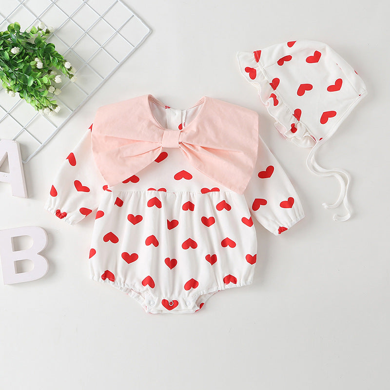 Baby Girl Heart Pattern Big Bow Tie Patched Design Triangle Onesies