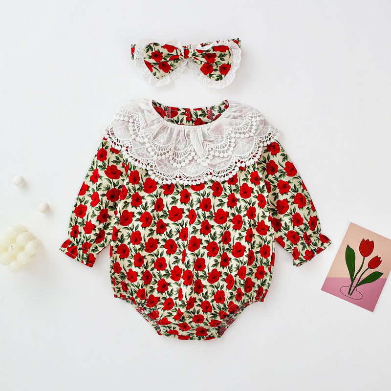 Baby Girl Flower Pattern Labeled Collar Design Long Sleeve Bodysuit