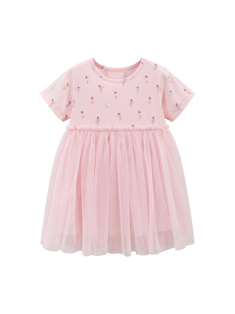 Spring And Summer Baby Girls Short Sleeves Dancers Cartoon Pattern Chiffon Dress