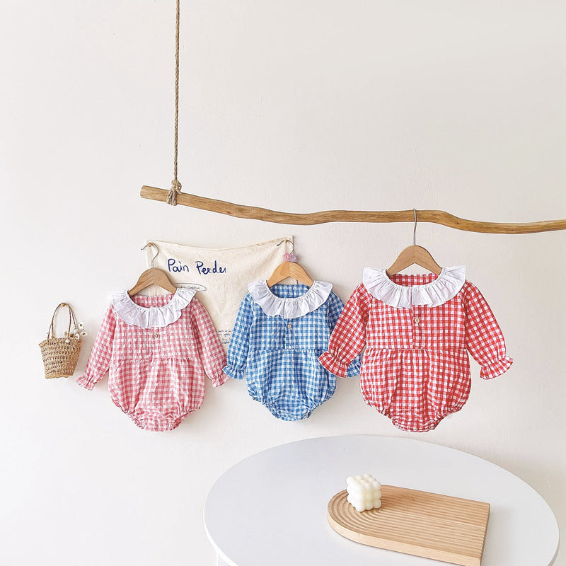 Baby Girl Plaid Pattern Ruffle Neck Design Triangle Sweet Onesies