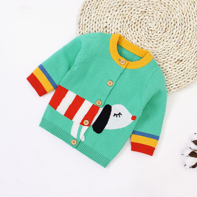 Baby Cartoon Dog Pattern Colorful Contrast Design Cardigan