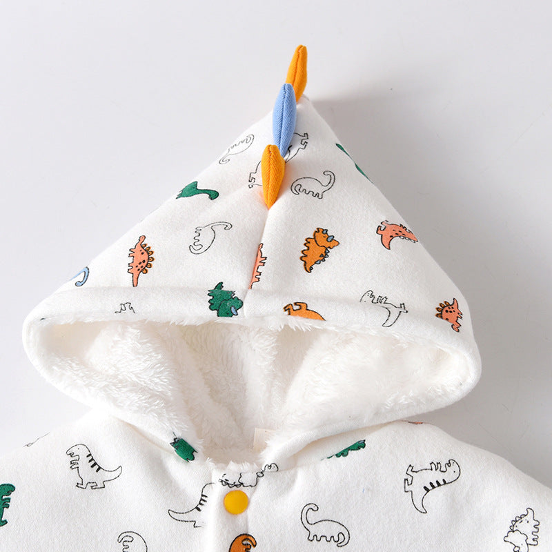 Kids Cartoon Dinosaur Print Button Front Design Shawls With Hat