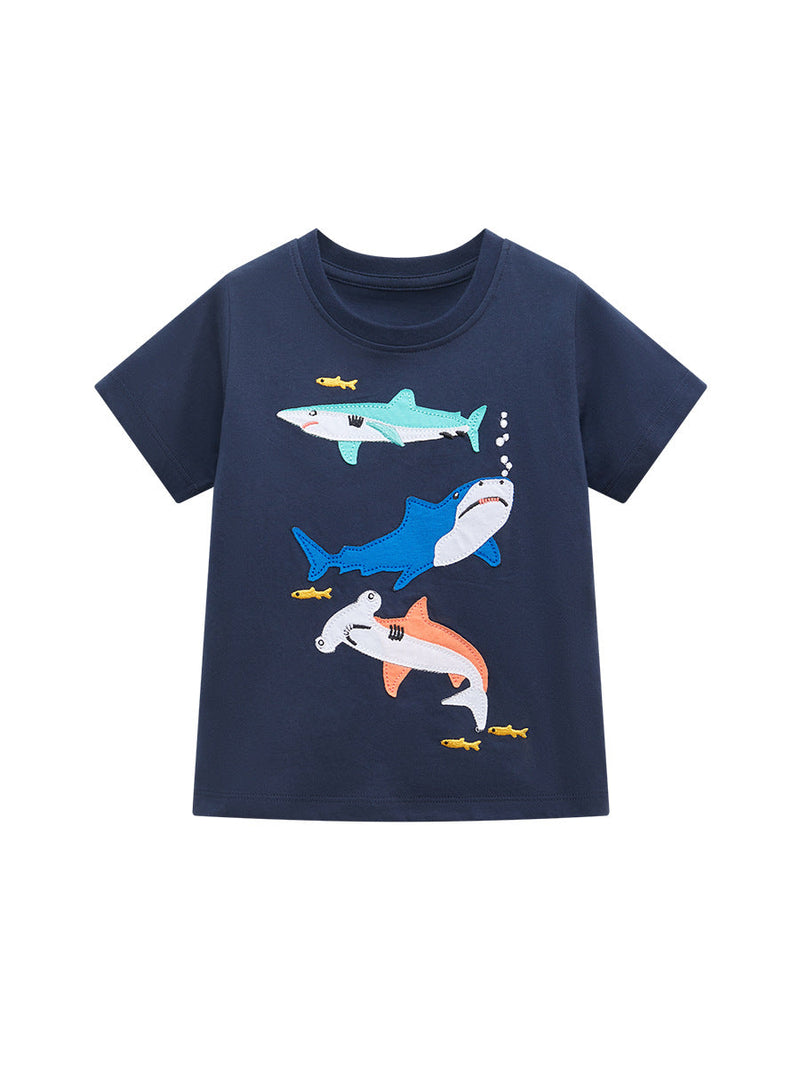 Round Neck Sharks Cartoon Boys’ T-Shirt In European And American Style For Summer