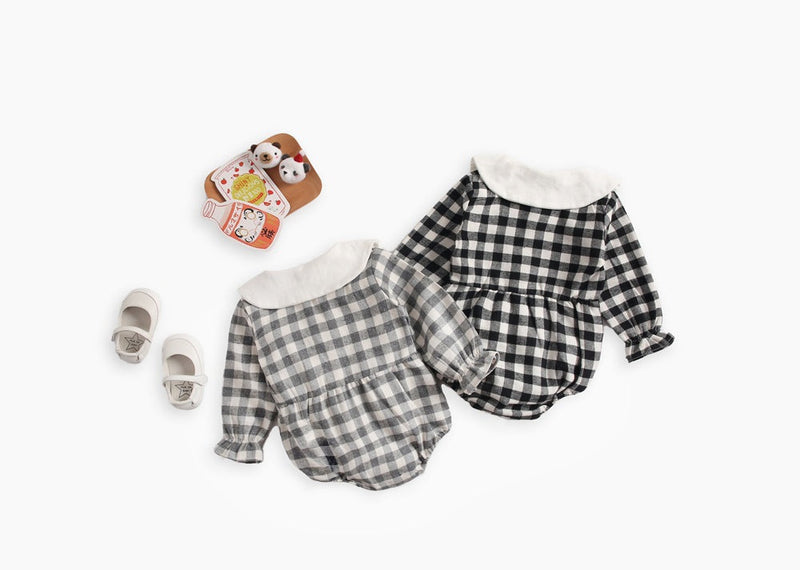 Baby Girl Plaid Pattern Doll Collar Design Long Sleeve Onesies With Buttons