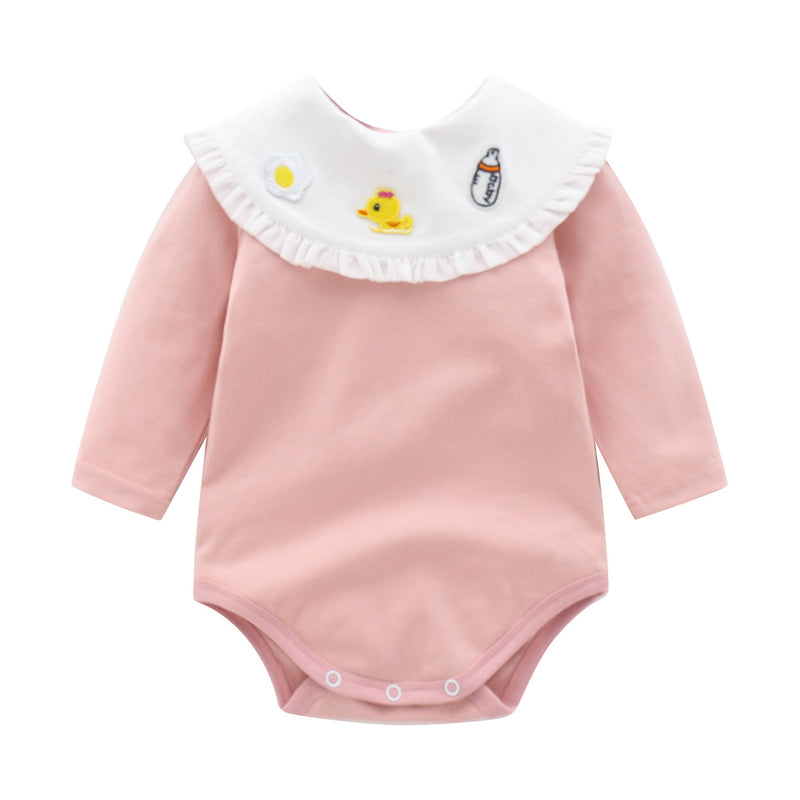 Baby Girl 1pcs Cartoon Embroidered Pattern Ruffle Neck Long Sleeved Triangle Bodysuit