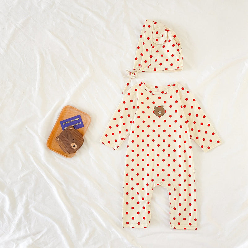 Baby Dot And Bear Pattern Long Sleeve Soft Cotton Jumpsuit