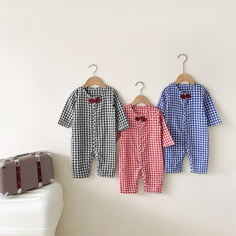 Baby Boy Plaid Pattern Bow Patched Design Cotton Jumpsuit