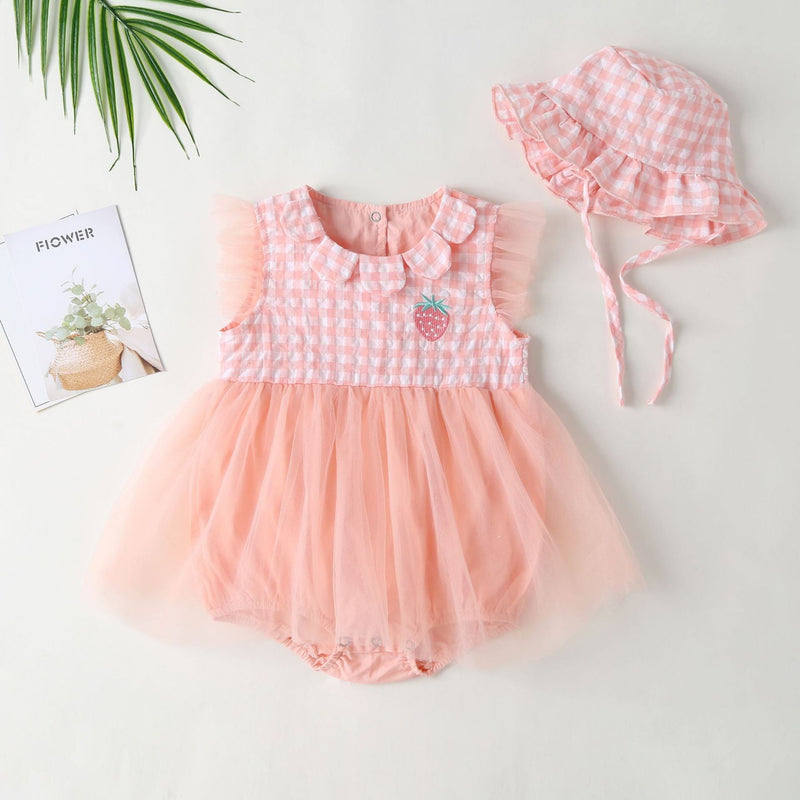 Baby Girl 1pcs Plaid Graphic Strawberry Embroidery Mesh Overlay Floral Neck Dress