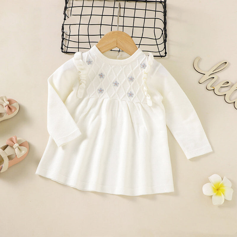 Baby Girl Flower Patched Pattern Solid Color Knitted Dress