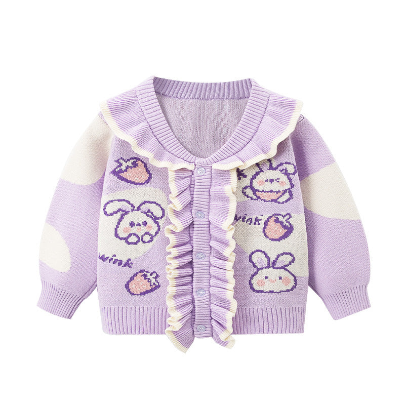 Baby Girl Flower Graphic Mesh Design V-Neck Knit Cardigan