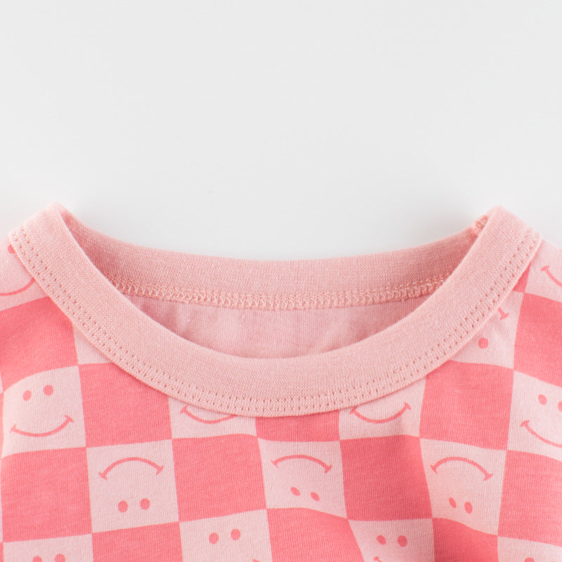 Baby Girl Plaid Pattern Smiley Print O-Neck T-Shirt In Summer