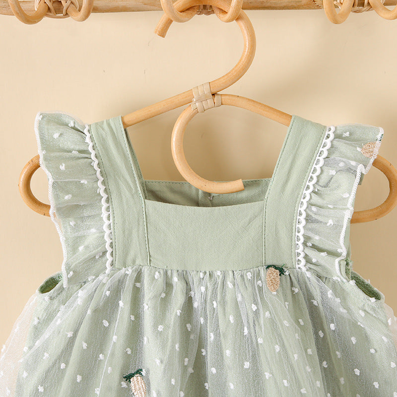 Baby Girls Pineapple Embroidery Polka Dot Lace Patchwork Square Collar Sleeveless Dress In Summer