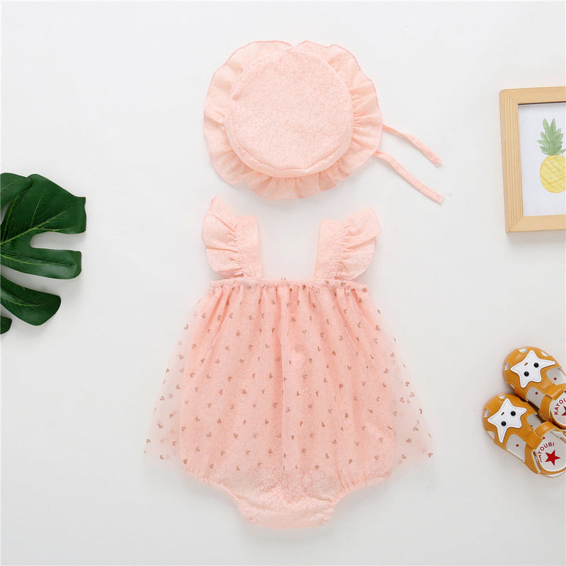 Baby Girl 1pcs Solid Color Heart Graphic Mesh Overlay Sleeveless Dress & Hat