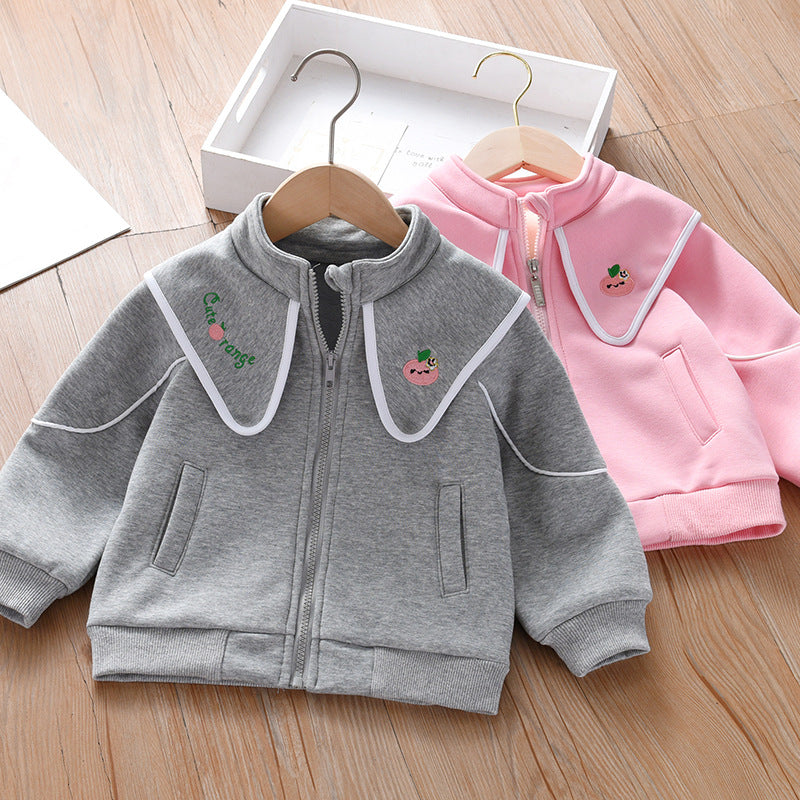 Baby Girl Embroidered Lapel Design Solid Color Quality Coat