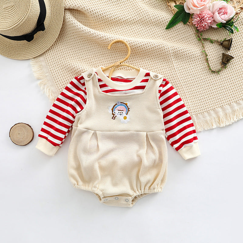 Baby Striped Pattern Shirt Combo Cartoon Graphic Corduroy Fabric Strap Onesies Sets