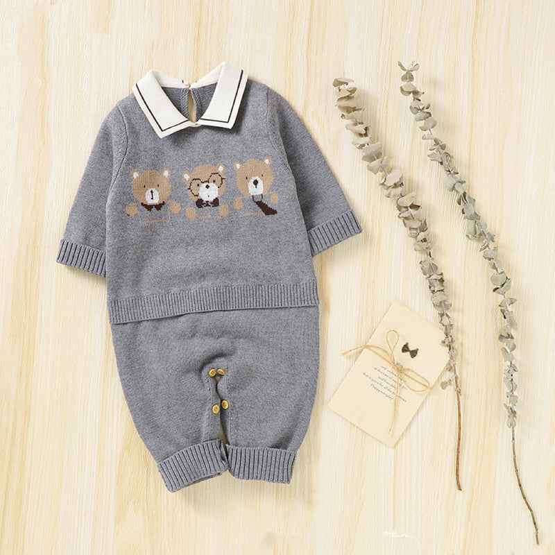 Baby Cartoon Bear Pattern Lapel Design Knitted Romper