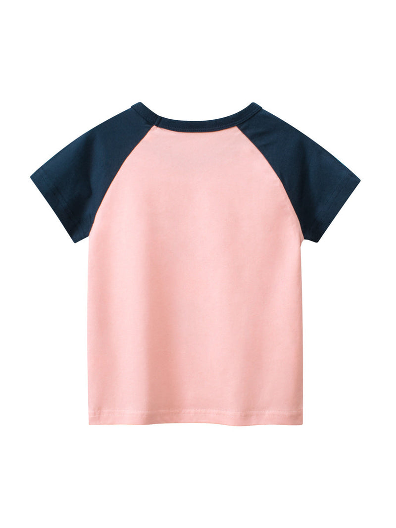 Cute Bear Print Girls’ Patchwork T-Shirt For Summer