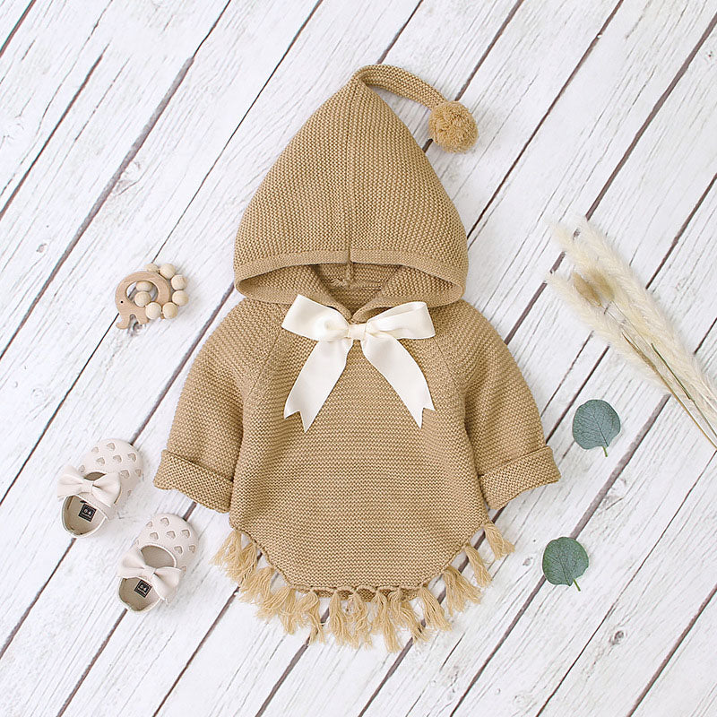 Baby Girl 1pcs Solid Color Big Bow Tie Patched Design Shawl Kniited Hoodies With Hat