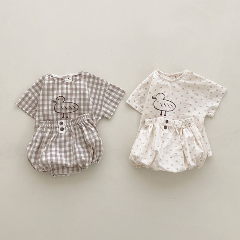 Baby Girl Plaid Polka Dot Pattern Duckling Print Short Sleeved Top Combo Pants Sets