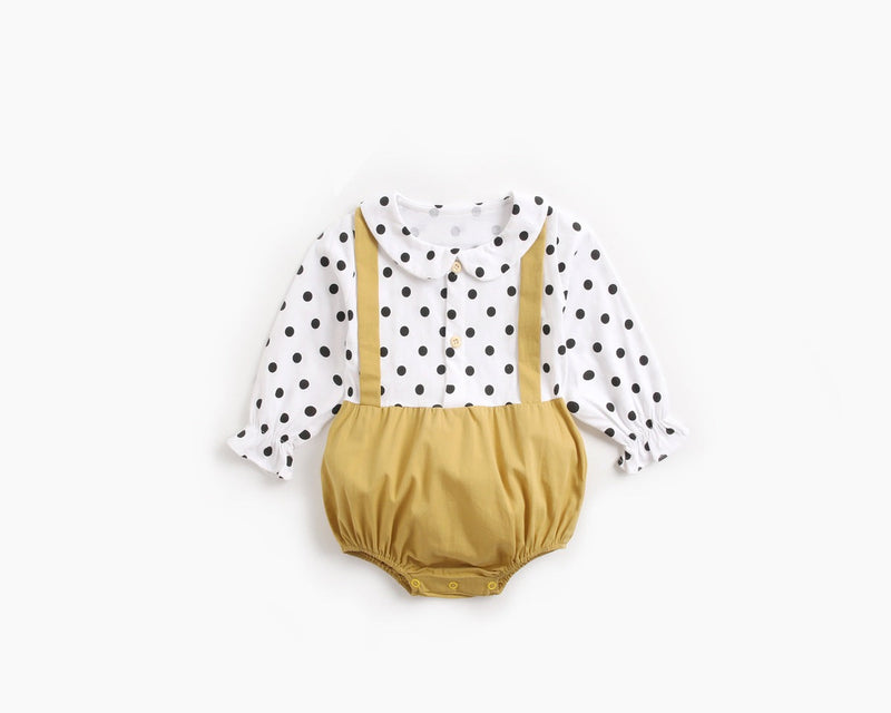 Baby Girl Polka Dot Pattern Doll Collar Design Fake Two Piece Backless Long Sleeve Onesies