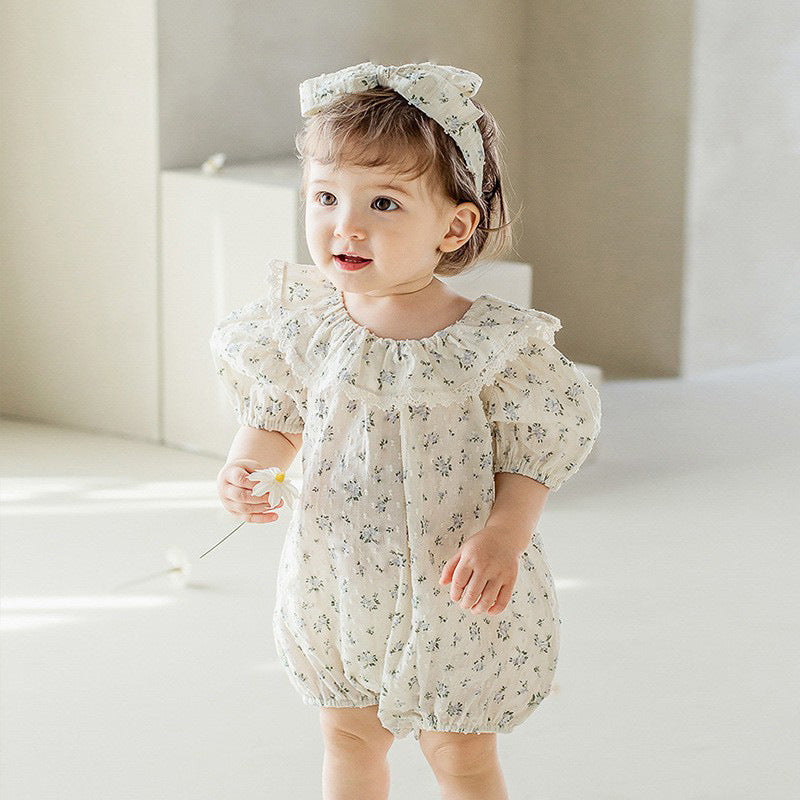 Baby Girl Flower Pattern Flying Sleeves Onesies & Clothing Sets With Headband