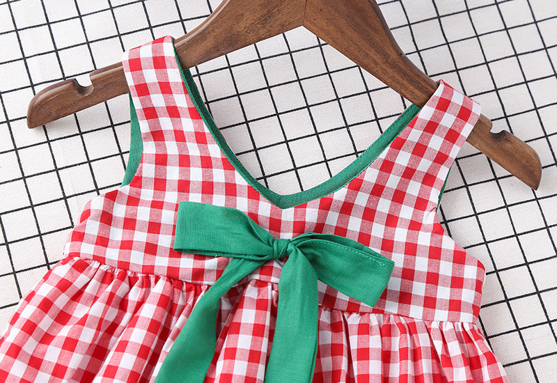 Baby Girl Plaid Pattern Bow Tie Decoration Sleeveless Dress