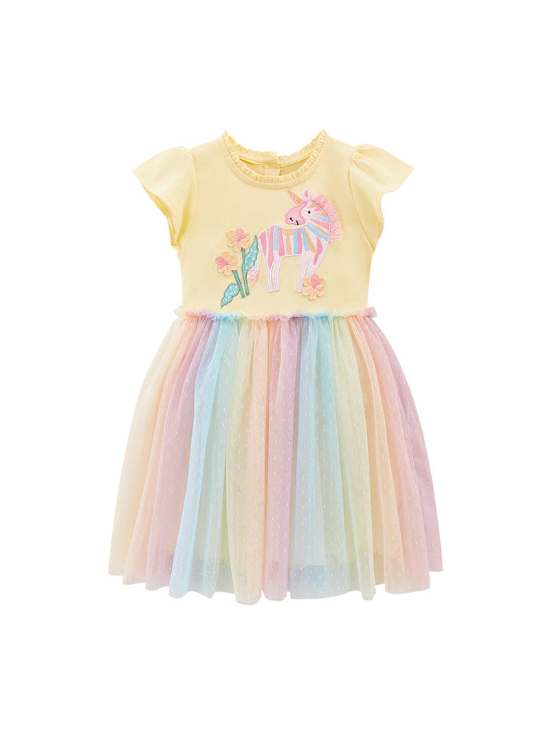 Spring And Summer Baby Girls Short Sleeves Floral Unicorn Cartoon Chiffon Dress