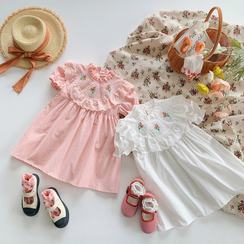 Baby Girl Solid Color Embroidered Pattern Loose Dress