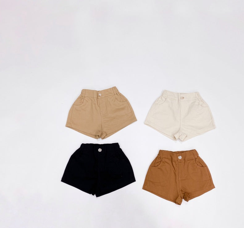 Baby Boy And Girl Solid Color Basic Denim Shorts With Pockets In Summer