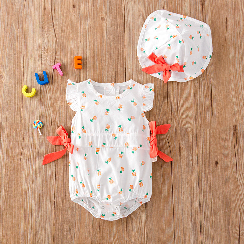 Baby Girl Fruit Print Drawstring Design Round Neck Onesies