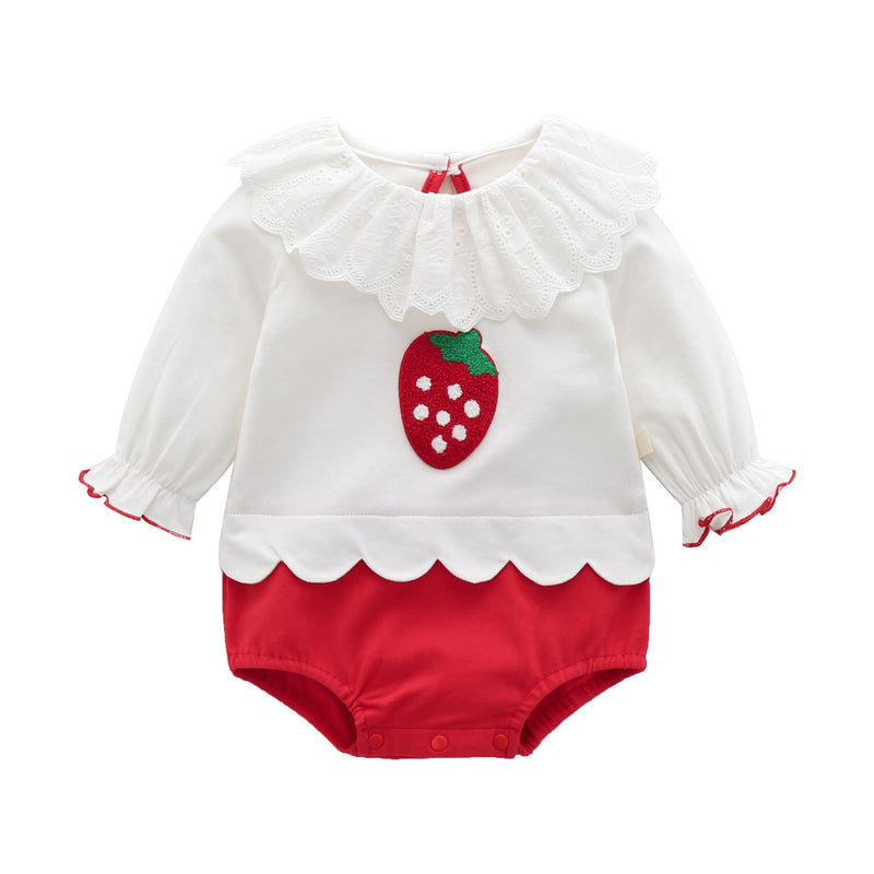 Baby Girl 1pcs Strawberry Pattern Mesh Ruffle Neck Patchwork Onesies Bodysuit