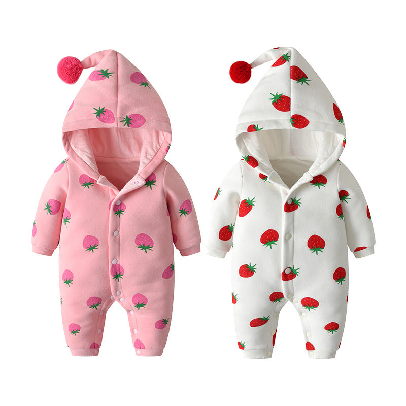 Baby Girl Strawberries Pattern Button Front Double Quilted Romper With Hat