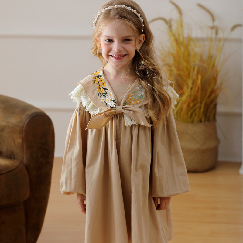 Arrival Autumn Girls Artsy Flowers Embroidery Pattern Collar Long Sleeves Stylish Dress