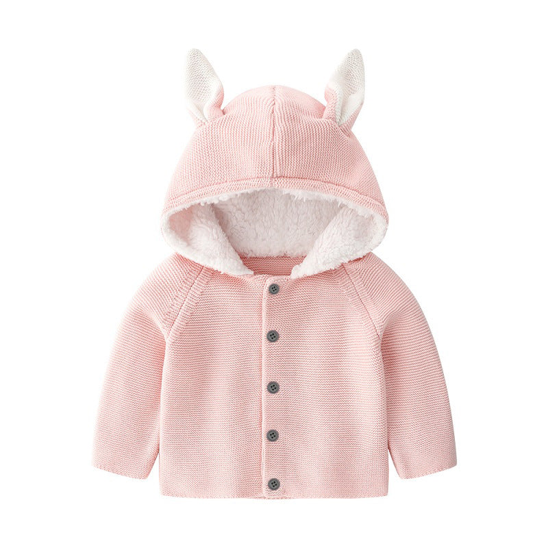 Baby Solid Color Bunny Ear Patched Hat Design Button Front Knitted Sweater Cardigan