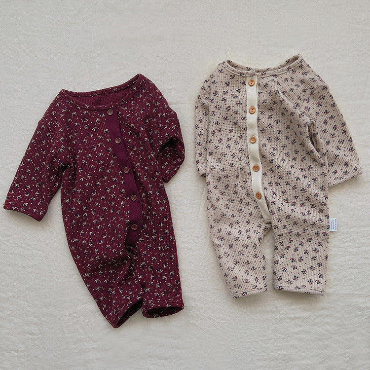 Baby Ditsy Flower Pattern Full Button Design Waffle Knit Rompers