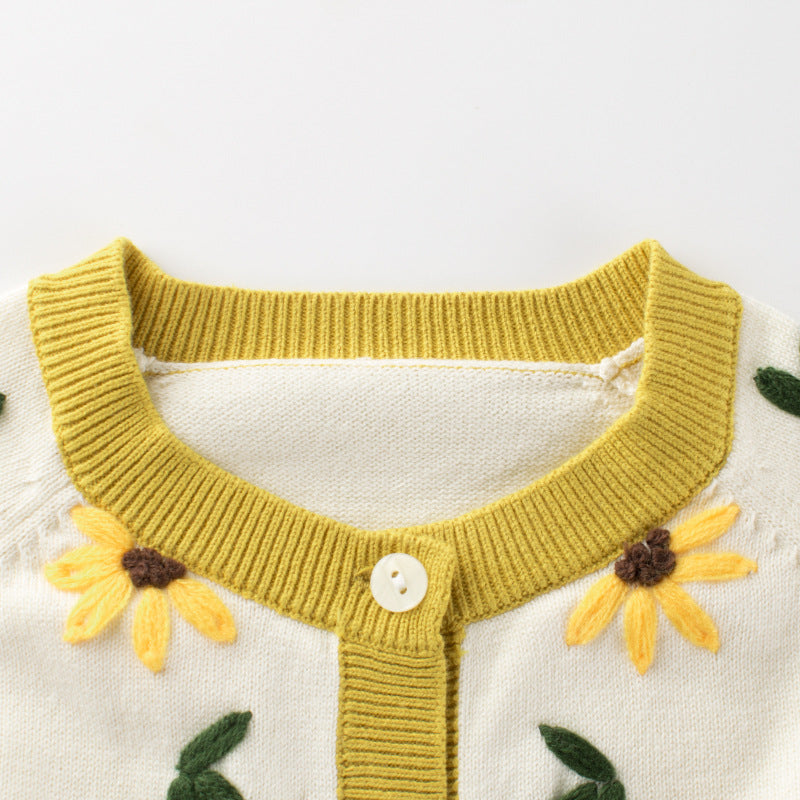 Baby Girl Floral Embroidered Pattern Simple Colorblock Design Knitwear