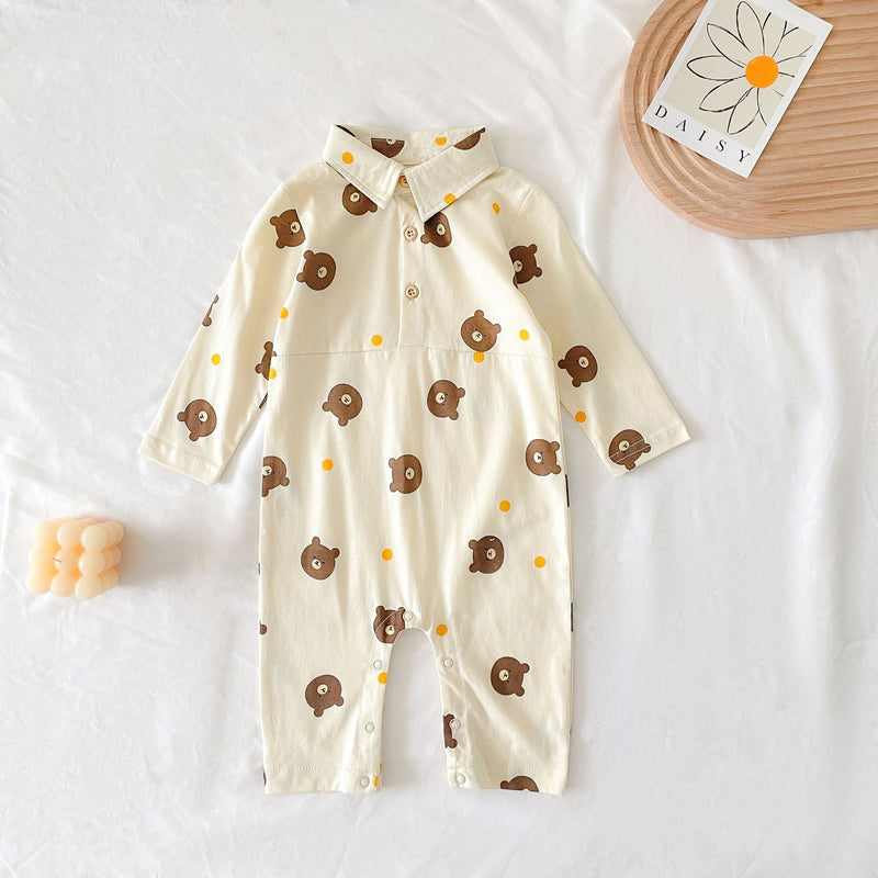 Baby Boy Bear Pattern Long Sleeve Polo Collar Long Romper