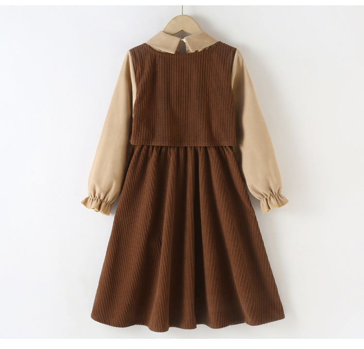 Preppy Corduroy Long Sleeves Turndown Collar Thick Dress