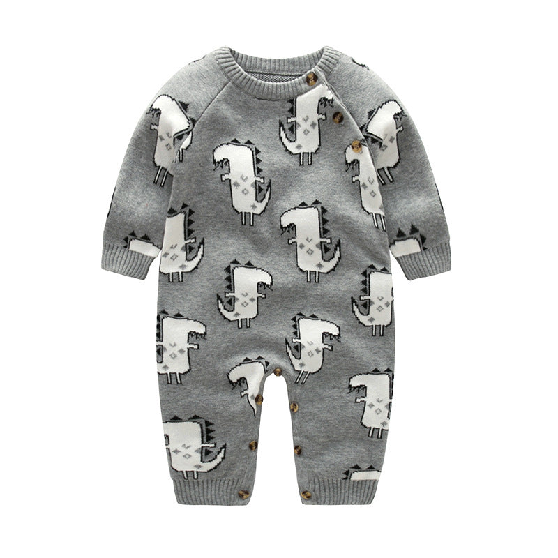 Baby Dinosaur & Pineapple Pattern Shoulder Button Design Knitting Romper Jumpsuit