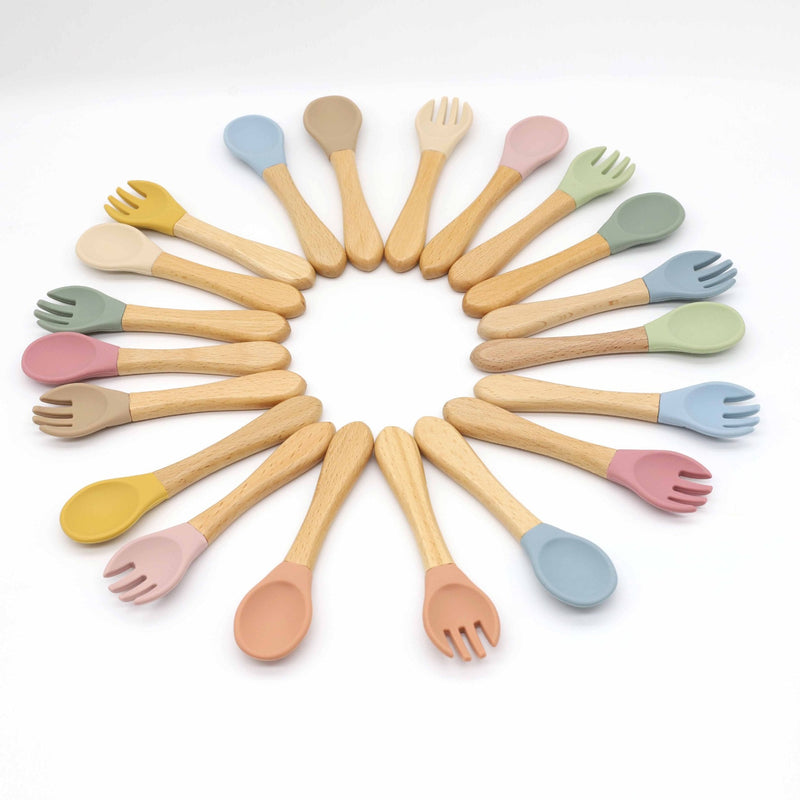 Baby Food Grade Wooden Handles Silicone Spoon Fork Cutlery