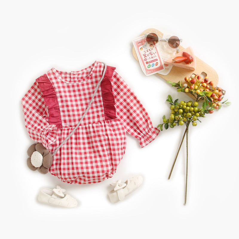 Baby Girl 1pcs Plaid Pattern Ruffle Design Puff Sleeve Bodysuit