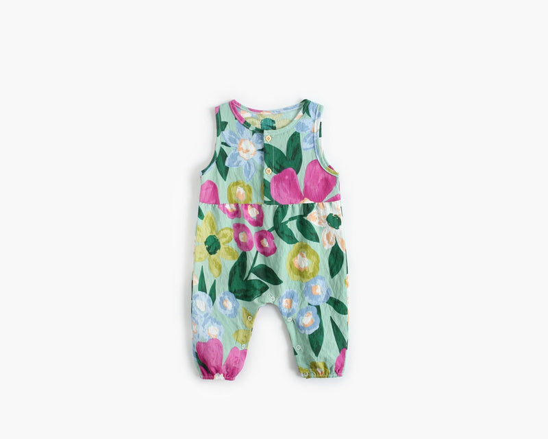 Baby Girl Floral Print Pattern Buttoned Design Sleeveless Rompers