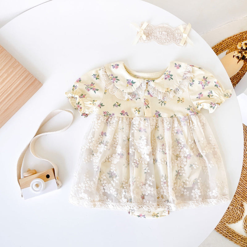 Baby Girls Floral Print Embroidered Lace Patchwork Design Doll-Neck Onesies Dress