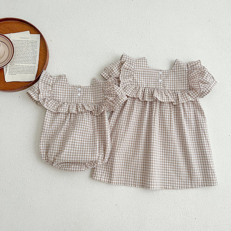 Baby Plaid Pattern Square Neck Puff Sleeves Onesies & Dress