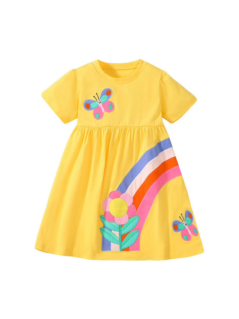 Spring And Summer Baby Girls Short Sleeves Rainbow Butterfly Floral Dress